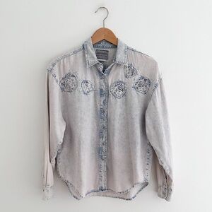 Vintage Jordache Chambray Shirt Lace Heart Cutouts Acid Wash Button Down Size S